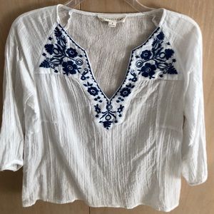 White & blue boho embroidered blouse